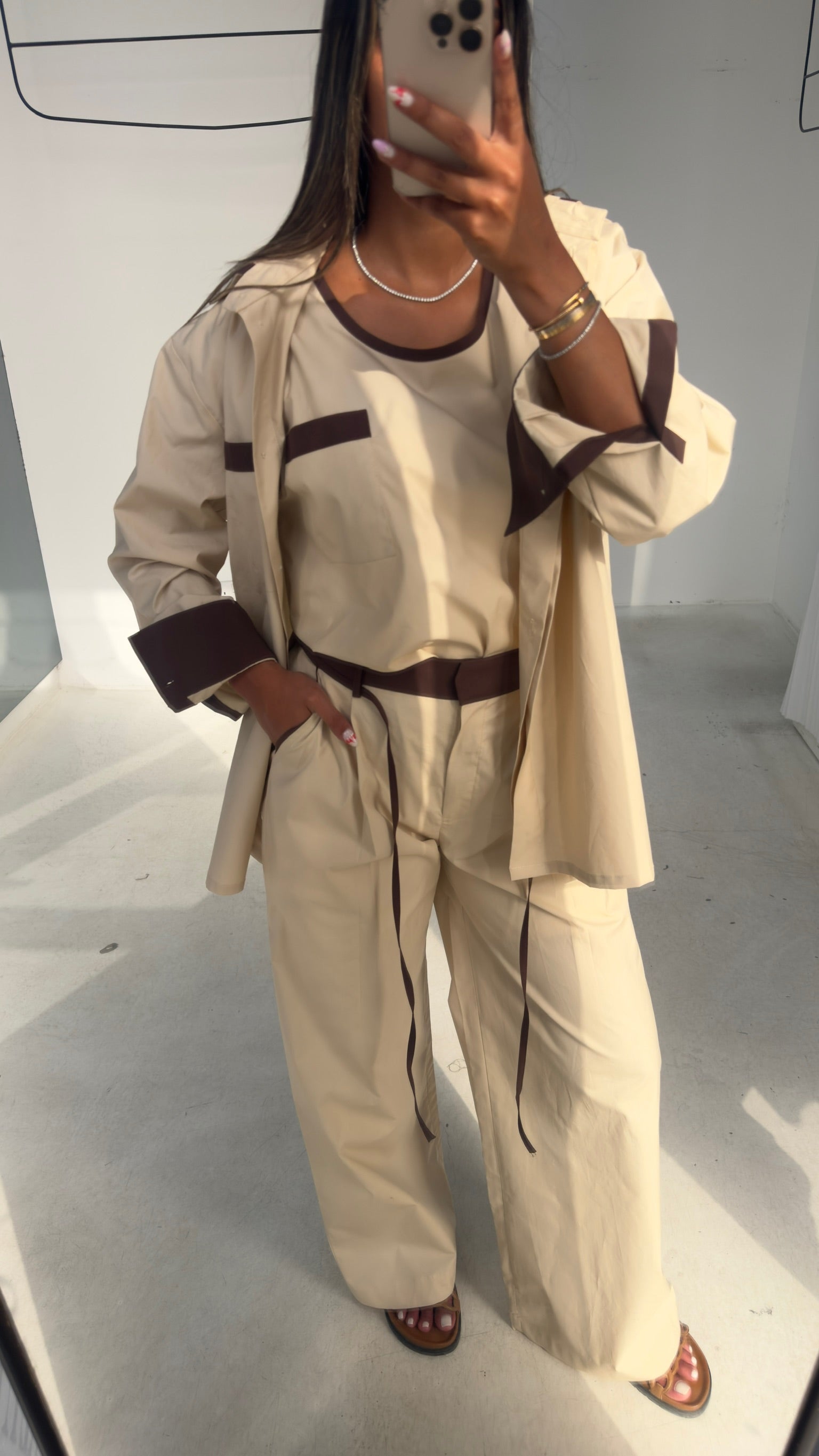 3 Piece Beige & Brown Poplin Set