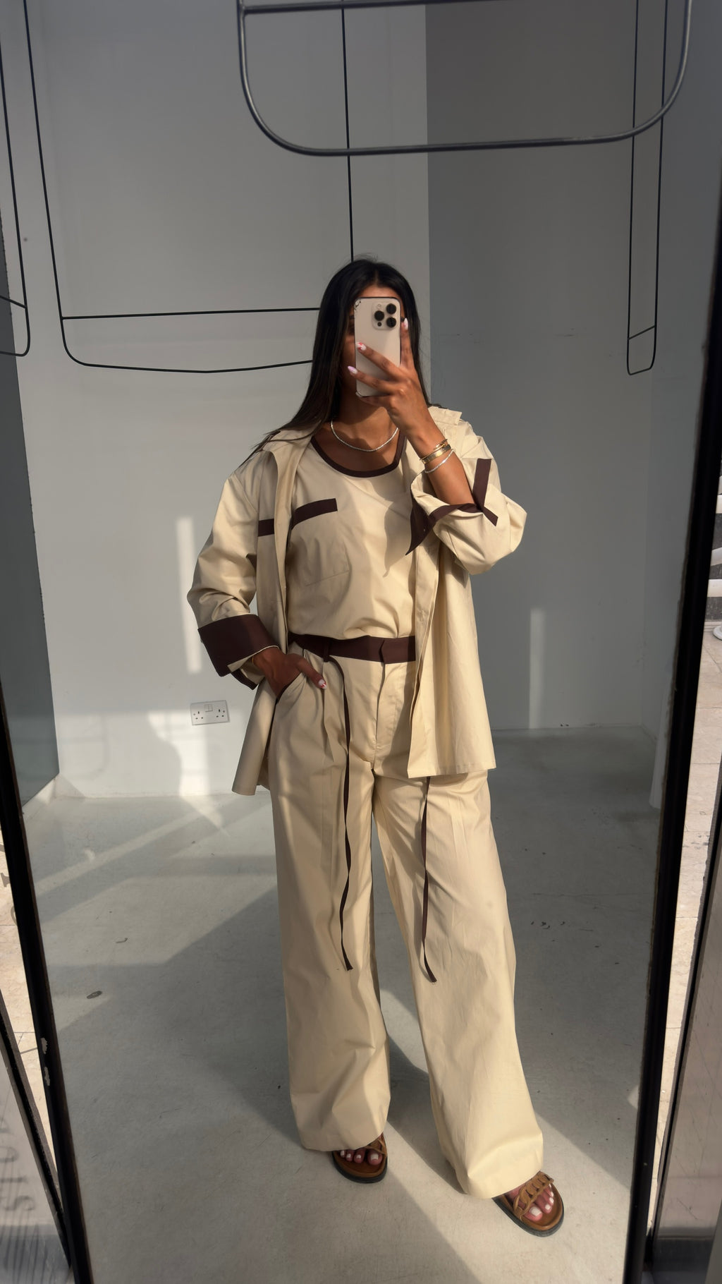 3 Piece Beige & Brown Poplin Set