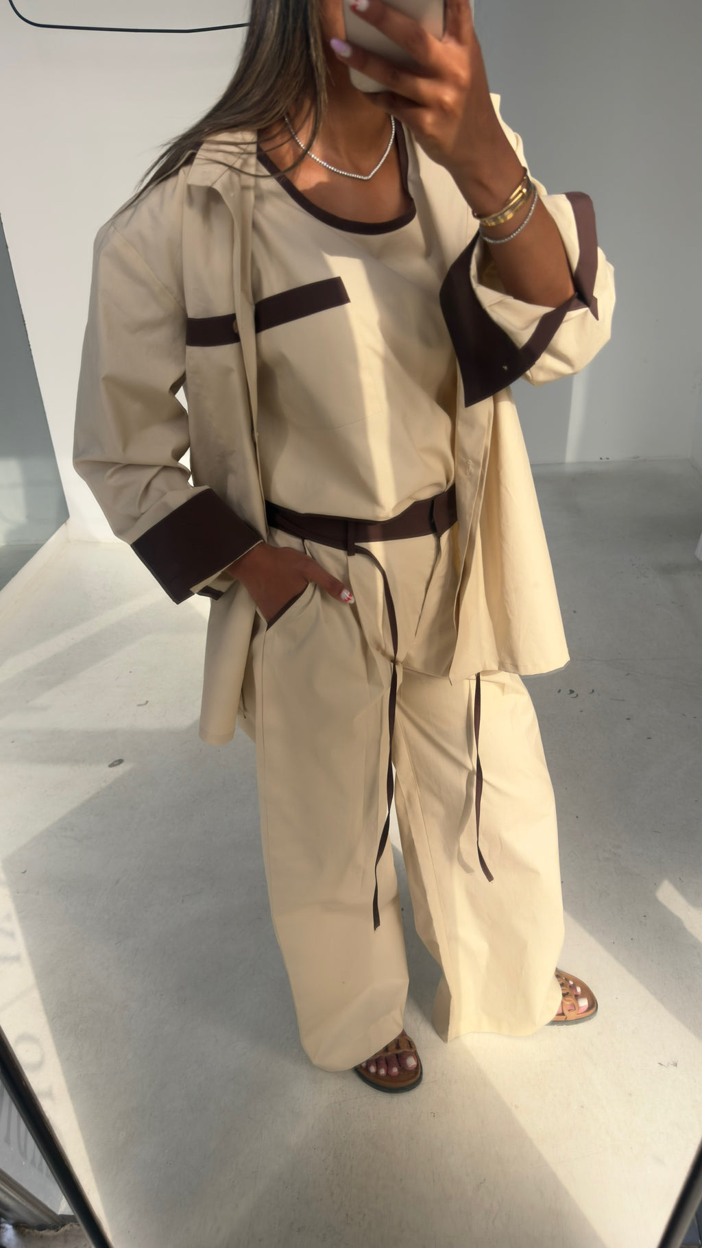 3 Piece Beige & Brown Poplin Set