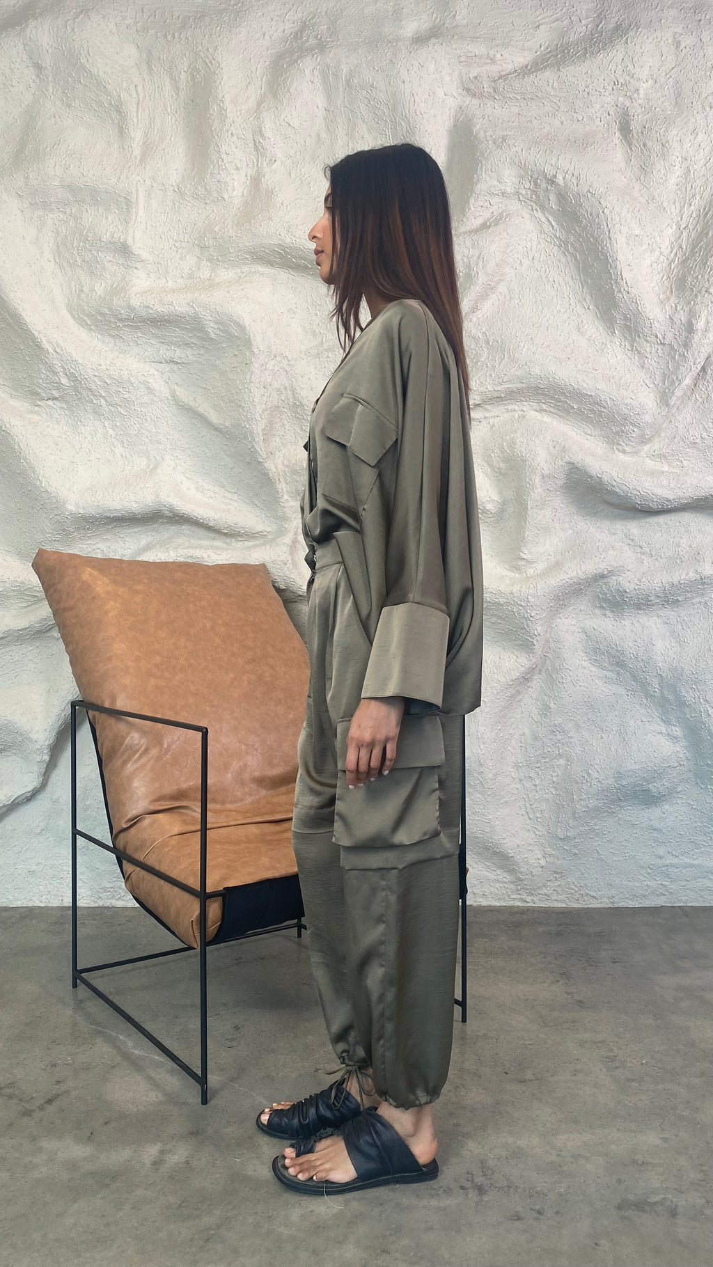 Brown Silk Cargo Jogger Set