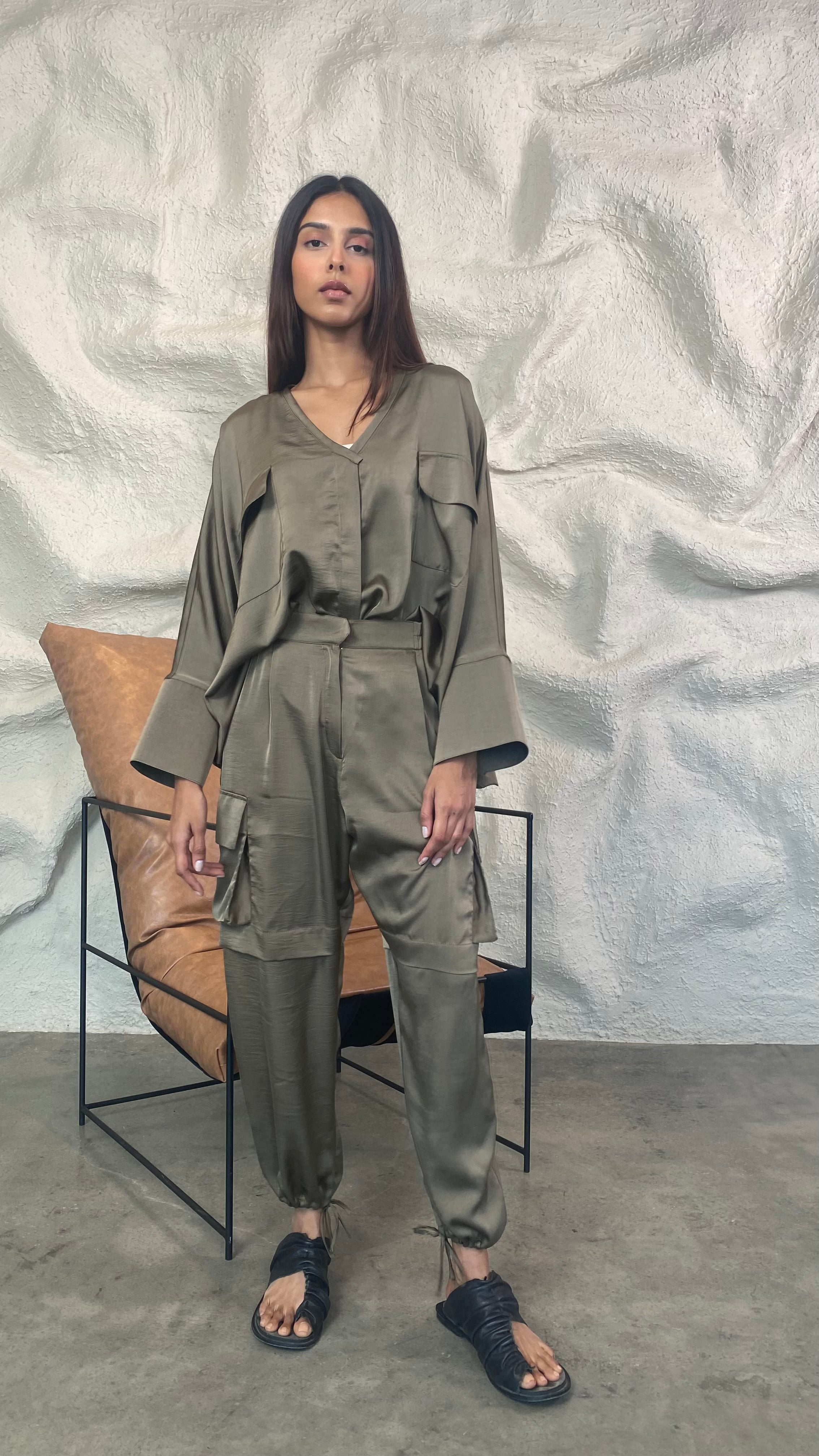 Brown Silk Cargo Jogger Set