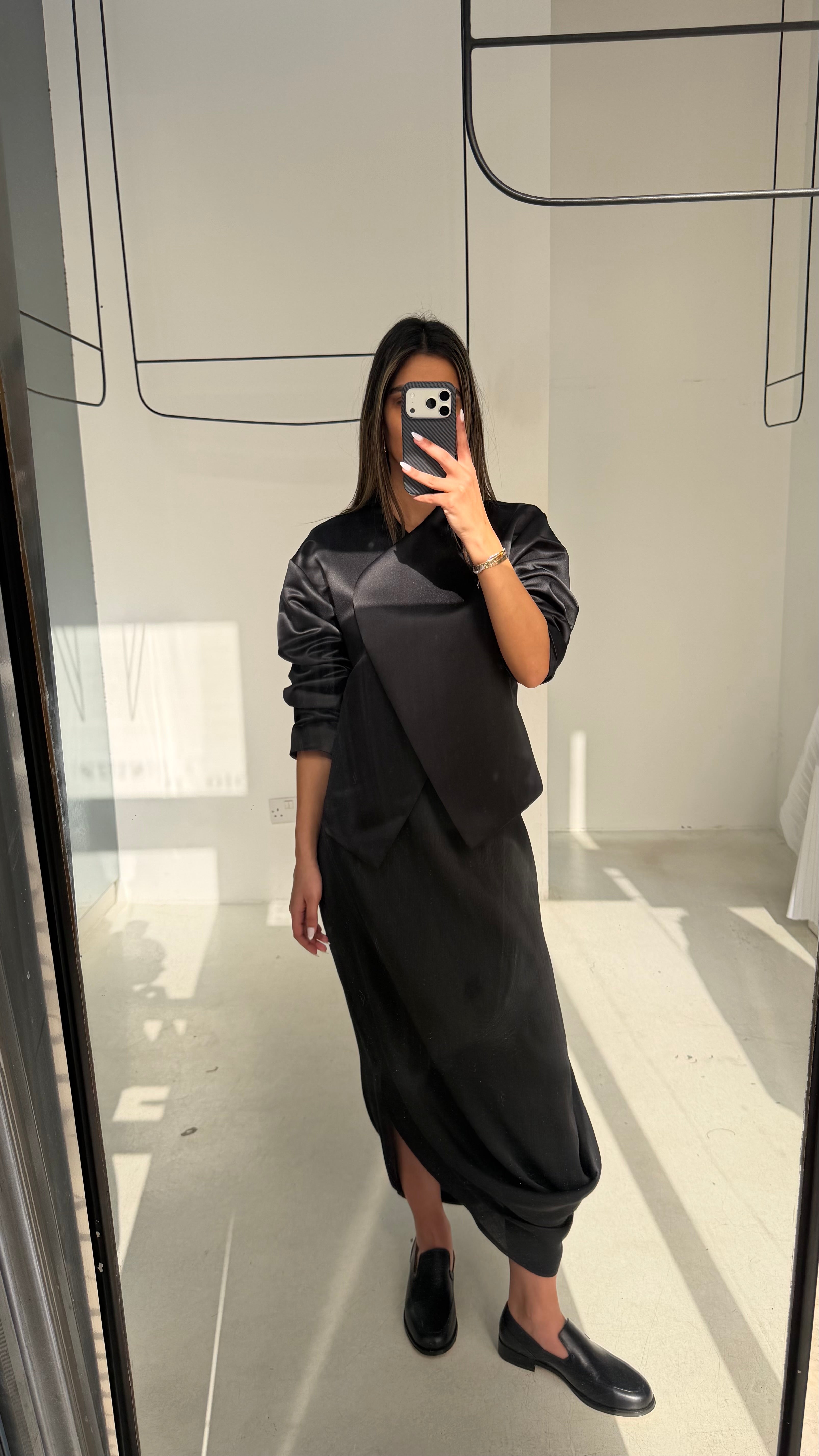 Black Silk Draped Skirt Set