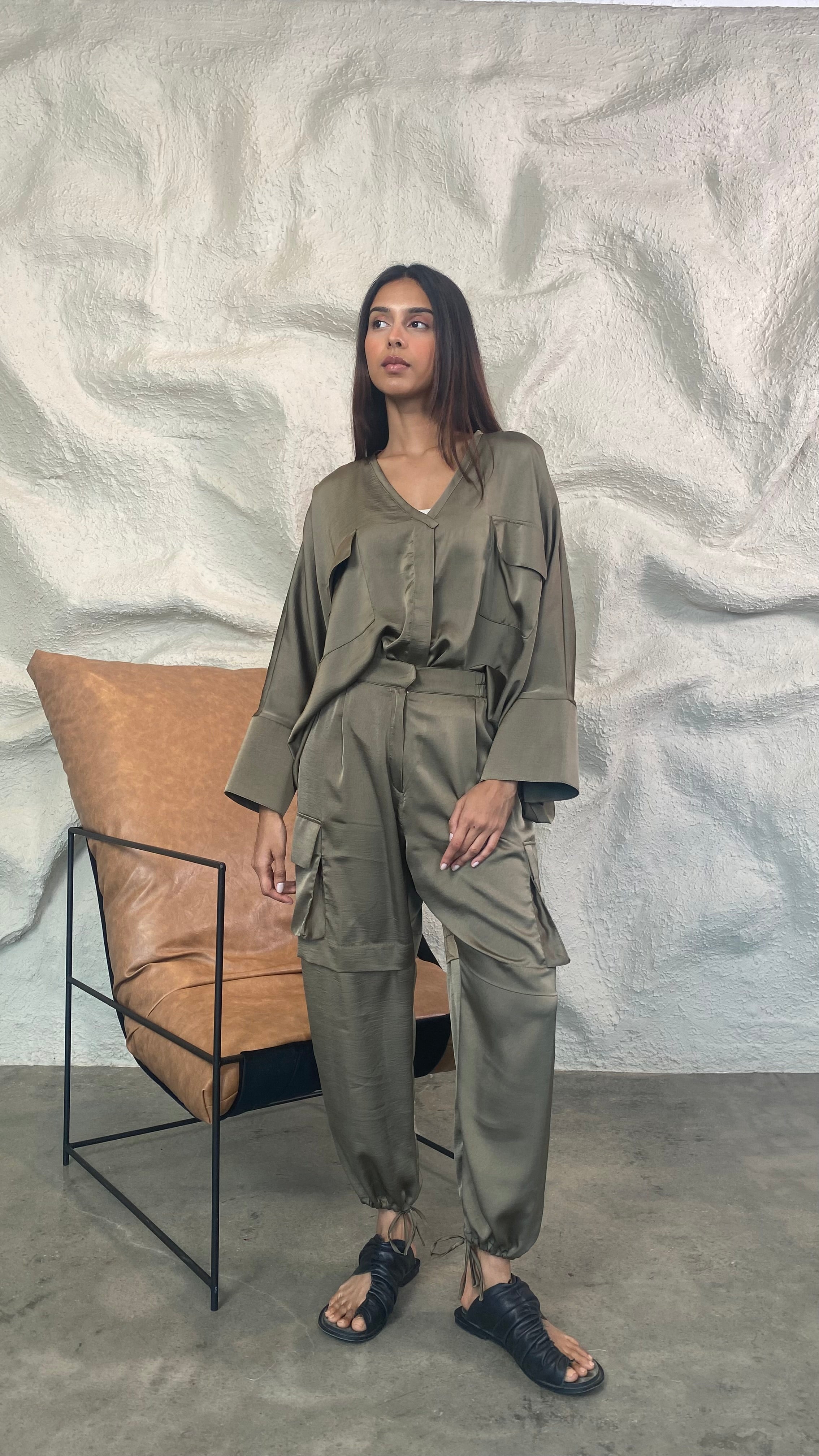 Brown Silk Cargo Jogger Set