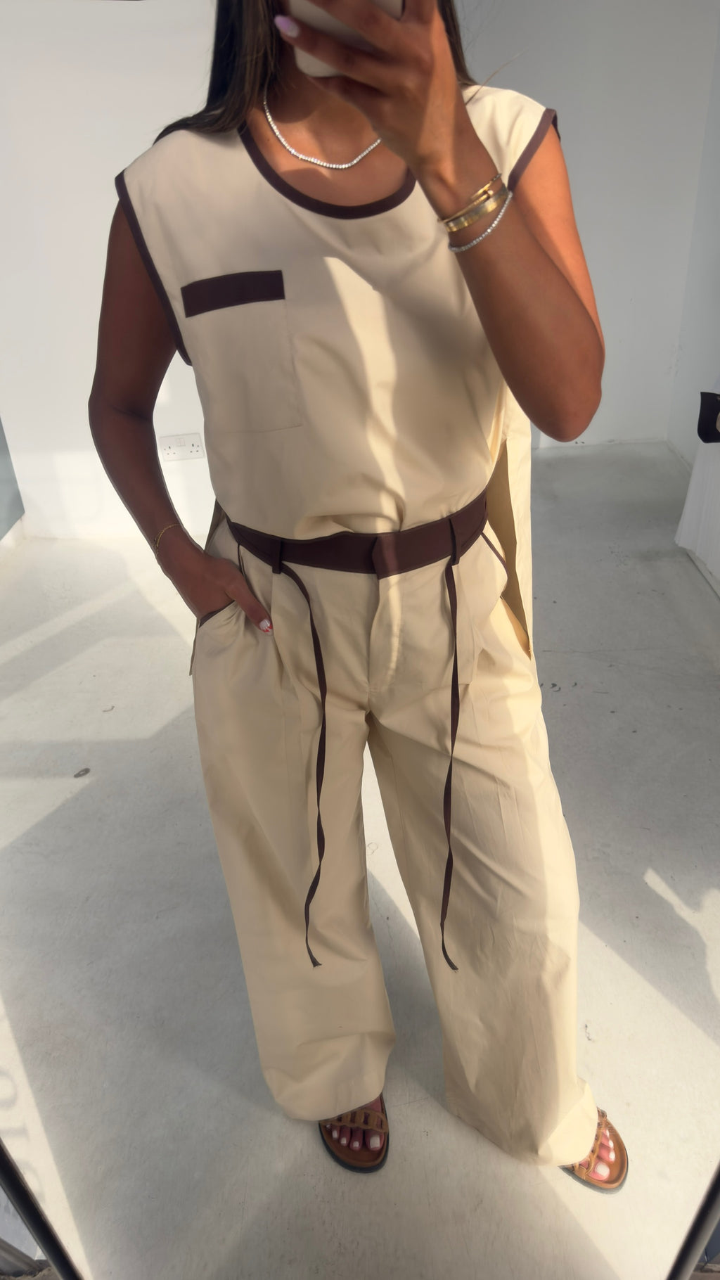 3 Piece Beige & Brown Poplin Set