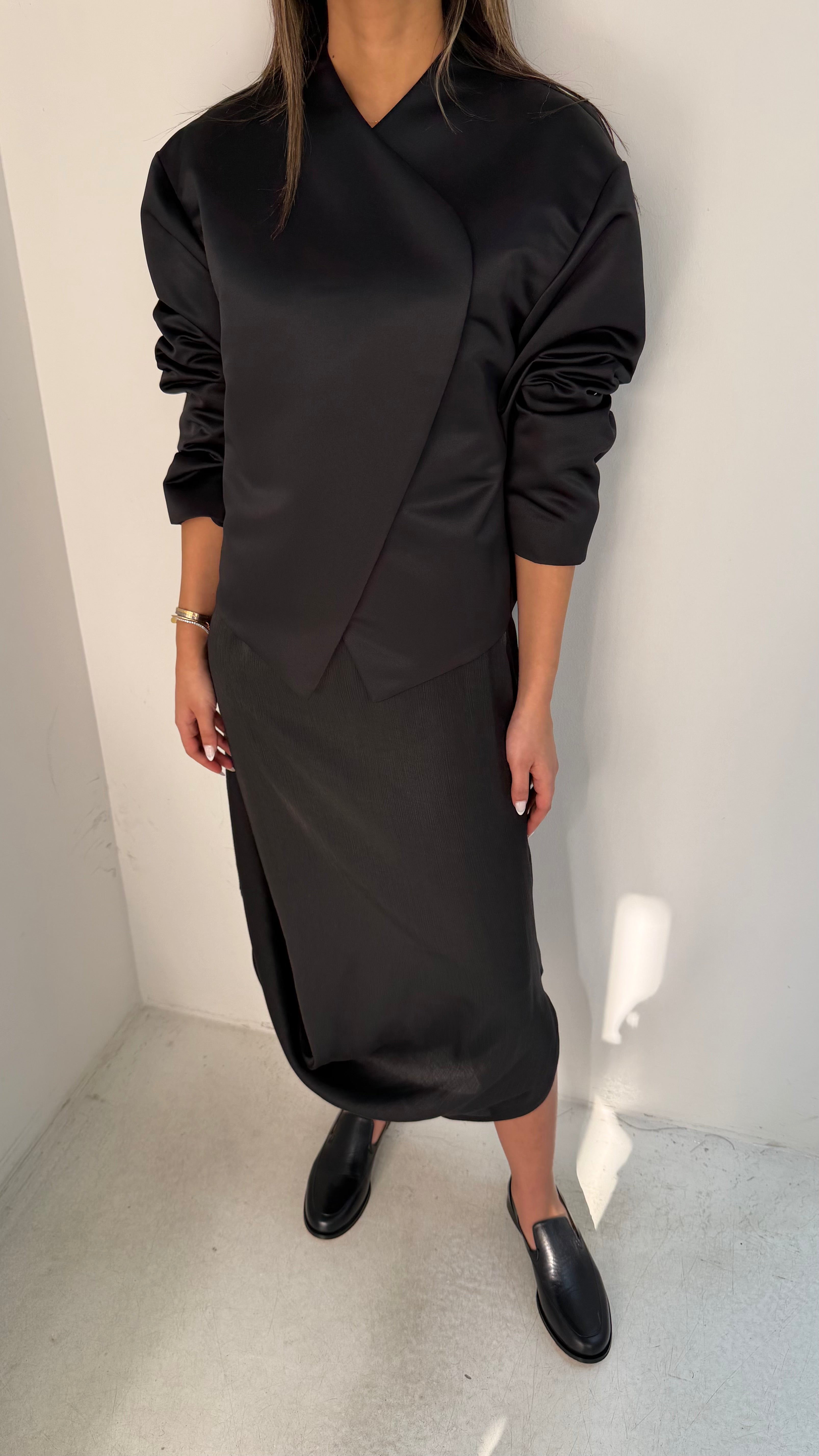 Black Silk Draped Skirt Set