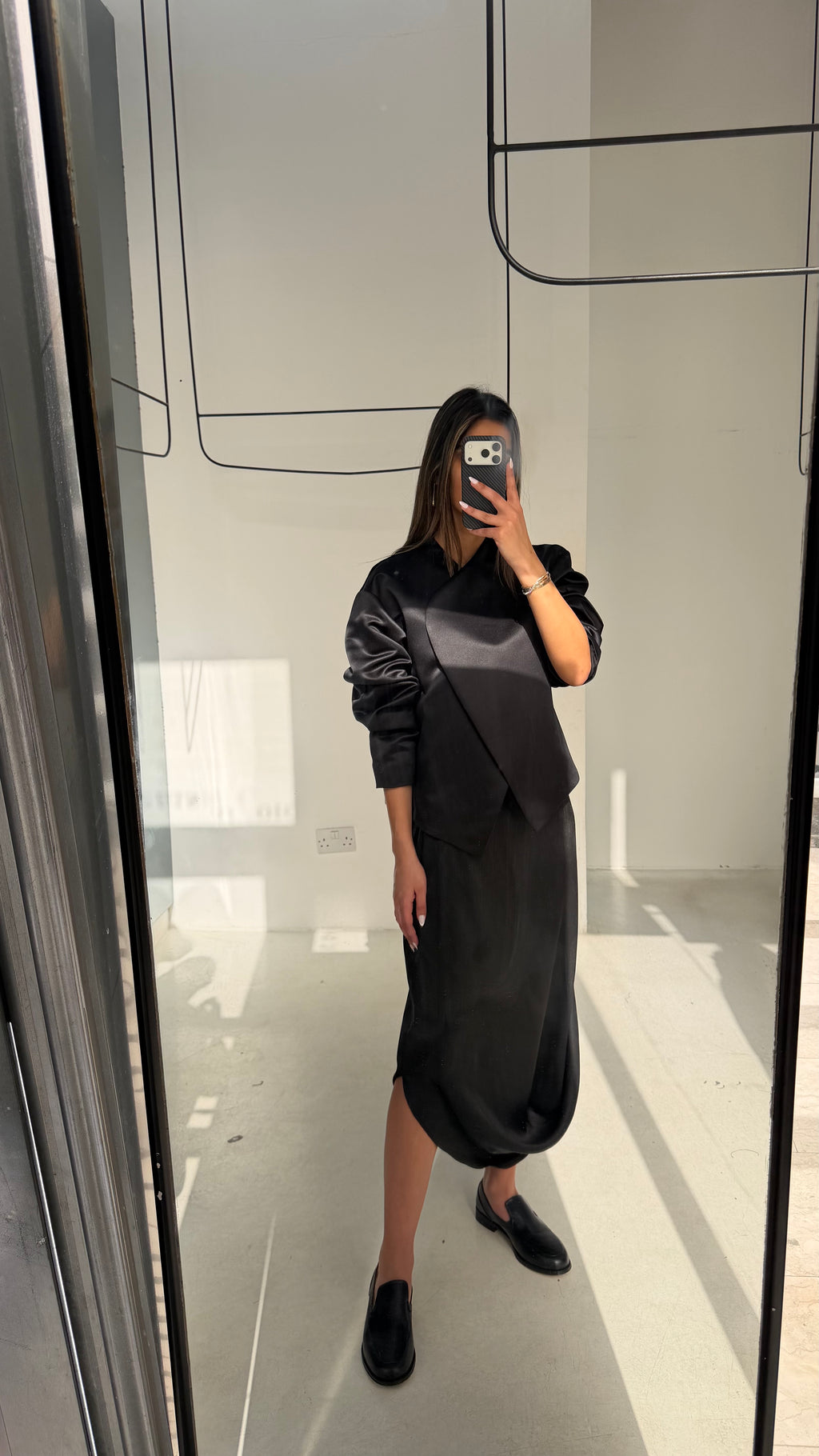 Black Silk Draped Skirt Set